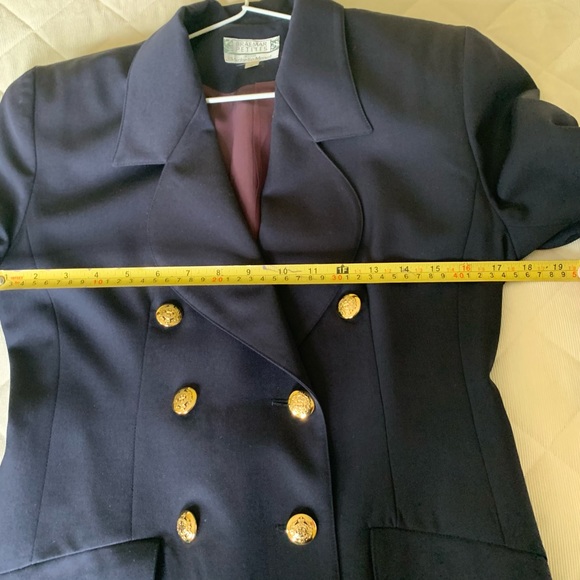 Navy blue pure virgin wool long blazer double breasted collar gold metal buttons - Picture 9 of 15